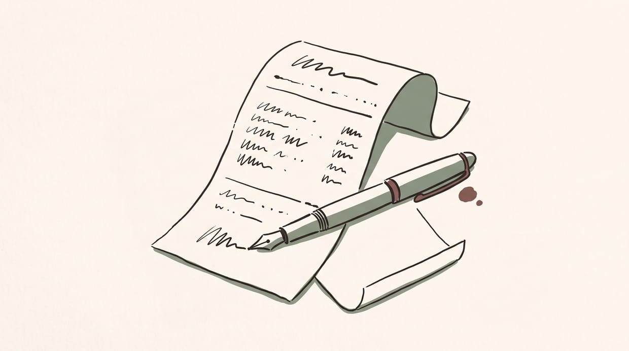 契約書らしき書面の一部にペンで印を付けている手描きのイラスト